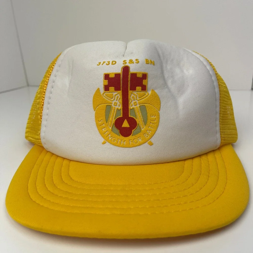 Vintage US Army 373rd Supply & Services BN Trucker Hat Snapback Yellow Crest